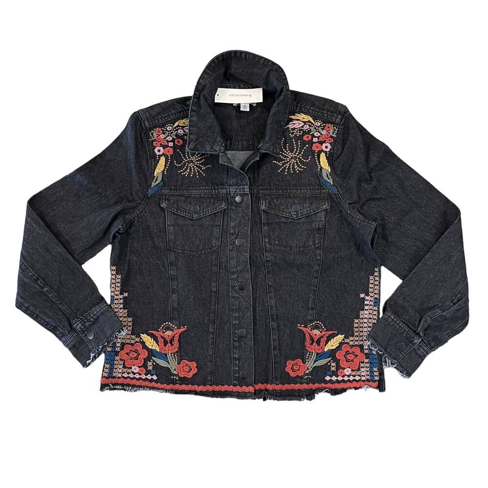 **NWT Francesca's Mi ami Black Floral Embroidered Jean/Denim Jacket -SIZE MEDIUM
